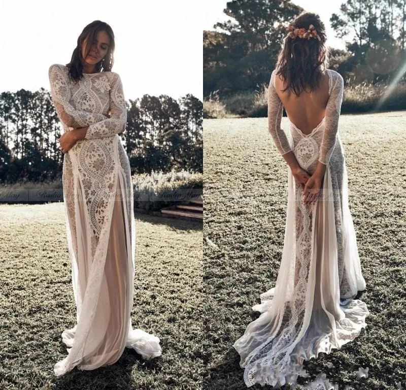 Sexy Backless Bohemian Beach Wedding Dresses Long Sleeve Nude Lining Country Vintage Lace Wedding Bridal Gowns Hippie Gypsy Bride AL4103