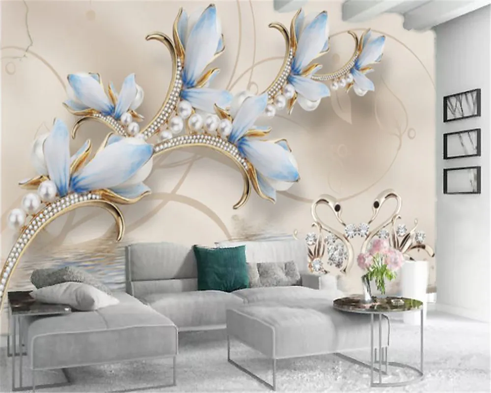 Klasik 3d duvar kağıdı Güzel İnciler elmas Çiçek elmas Kuğu Gölü Lüks HD İç Dekorasyon İpek Duvar Duvar Kağıdı