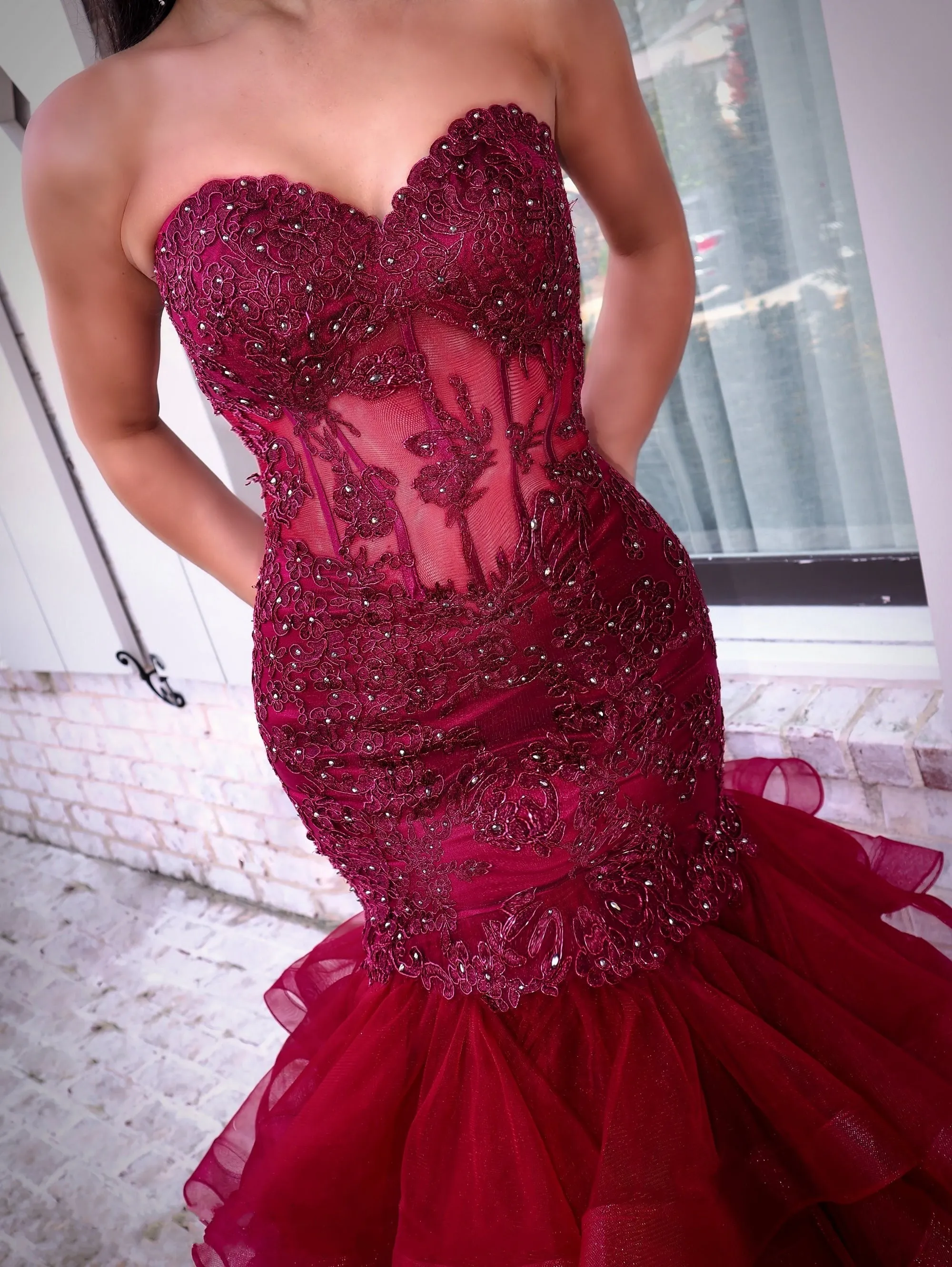 dhgate mermaid prom dresses Custom-made Mermaid sparkly Mermaid prom dress with V-Neck, Appliques, Sequins, Beading, 3D Lace, Hollow Design, Floor-Length, and Diamond Accents