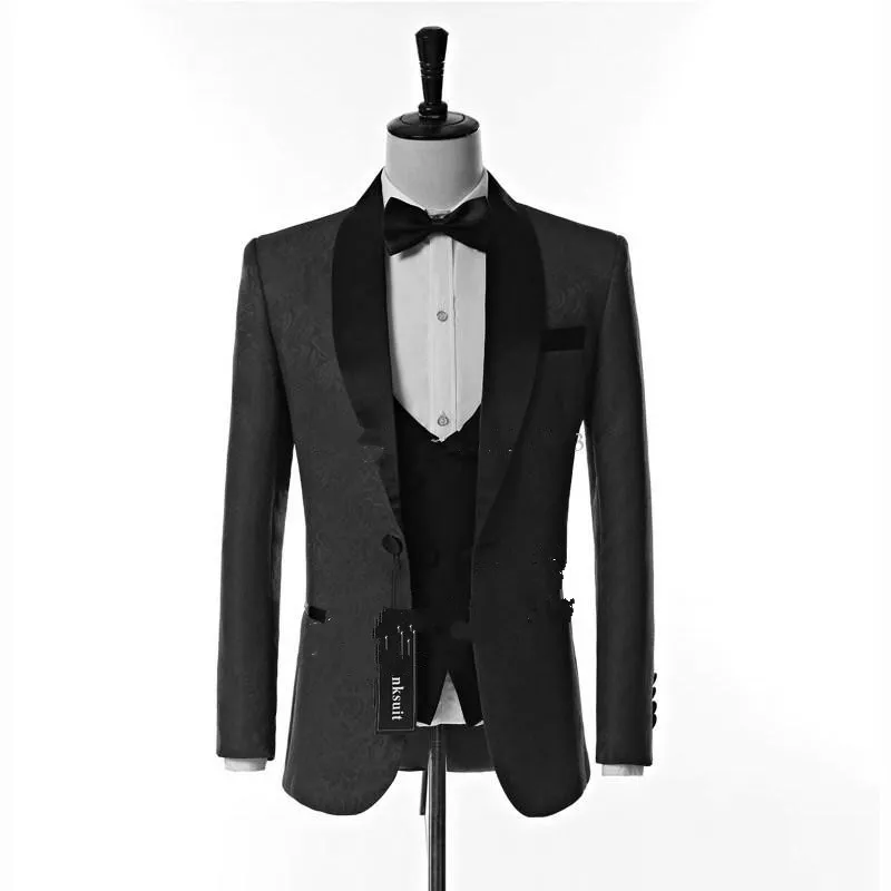 Nowy Nowatorski Projekt Jeden Przycisk Czarny Tłoczenie Ślub Groom Tuxedos Szal Kapel Groomsmen Mężczyźni Garnitury Prom Blazer (Kurtka + Spodnie + Kamizelka + Krawat) 335