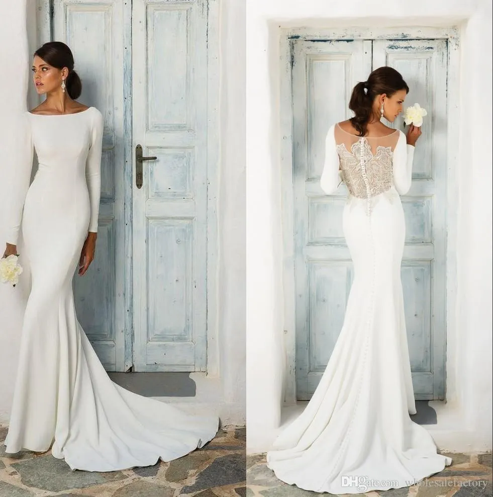 Elegant satin sjöjungfru bröllopsklänningar Bateau nacke långa ärmar Tulle spets applique bröllopsklänning brudklänningar med knappar Robes de Mariée