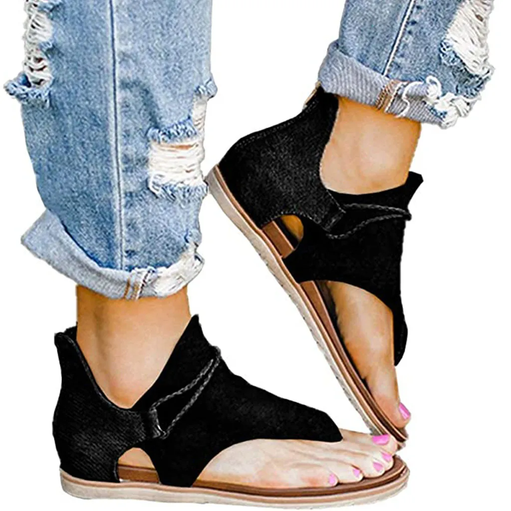 Fluei Sandalen voor Vrouwen Schattige Open Teen Breed Elastische Design Zomer Comfy Faux Leren Enkelliemen W Flat Sole Memory Foam 41