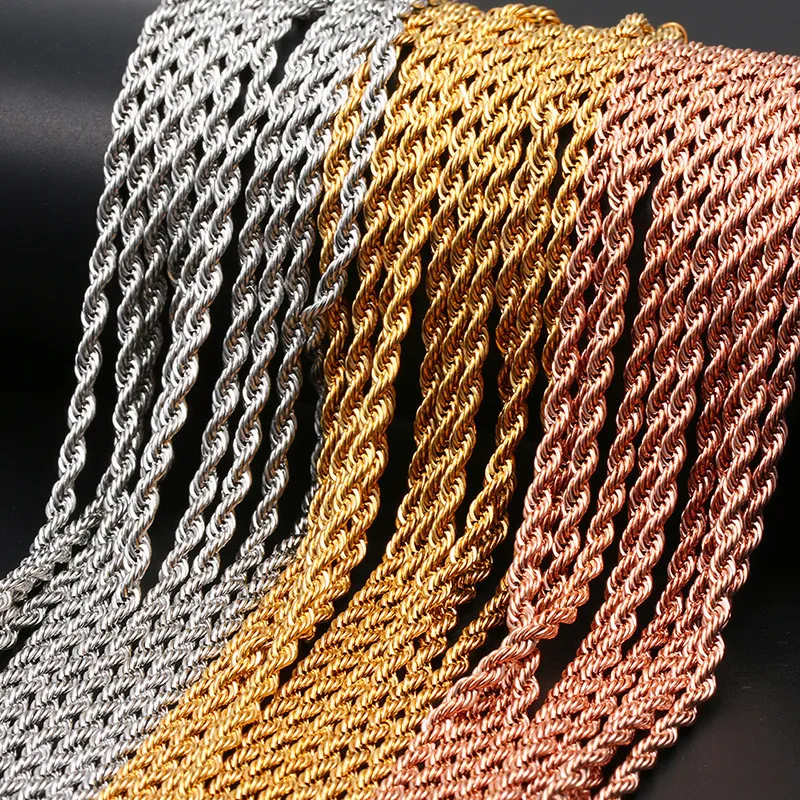 Hip Hop Bredd 3mm 316L Rostfritt stål Rep Chain Halsband Twisted Chain Guld Silver Rose Gold Halsband För Kvinnor Män Smycken Dropshipping