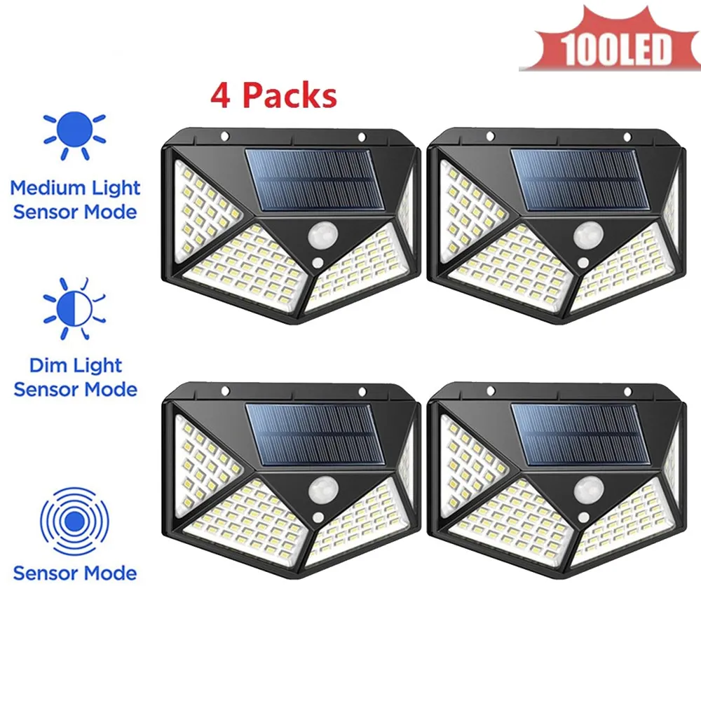 100 LED Vattentät Solar Buitenlamp Utomhuslampa Motion Sensor Detektor Vägglampa Garage Patio Lighting Security Night Light 4