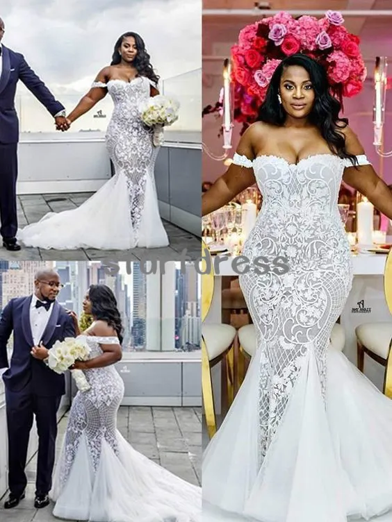 Vestidos de novia de sirena plateados y blancos Tallas grandes fuera del hombro Apliques de encaje Vestidos de novia de países africanos 2019 Robe de mari￩e barato