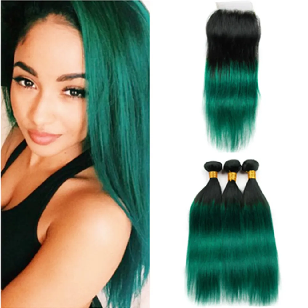 #1B/Green Ombre Straight Brazilian Human Hair 3Bundles with Closure 4Pcs Lot Ombre Green Human hair Weave Bundles with Lace Top Closure 4x4