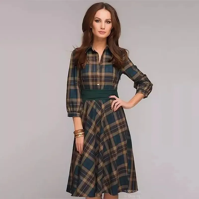 2018 Nuevas Damas A Cuadros De Impresión Una Línea Vestido Moda Damas Otoño E Invierno De Siete Puntos Manga Solapa De Camisa Vestidos De 26,87 € | DHgate