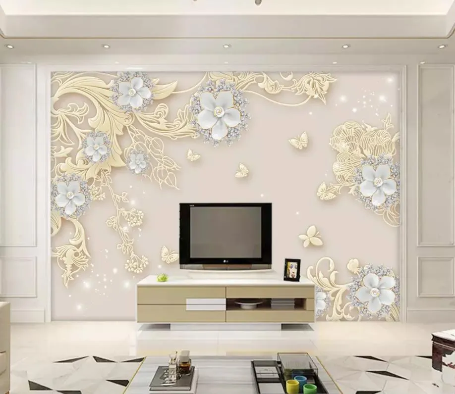 Custom 3D Wallpaper Muurschildering Europees-Stijl Relief Song Qing Juwelen Bloemen TV Sofa Woonkamer Slaapkamer Muur Papershome Decor