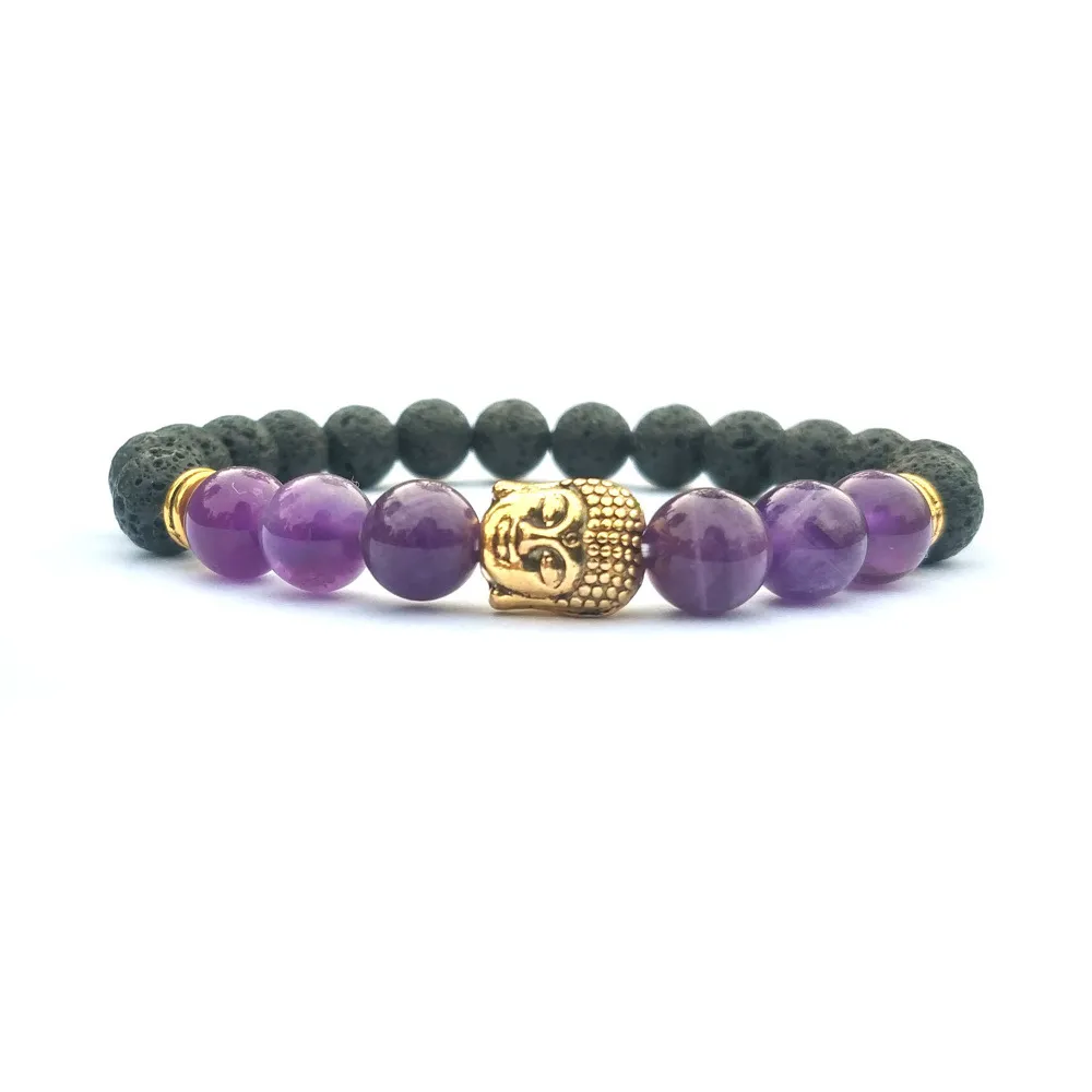 Terapia Terra Sevenstone Buddha Root Chakra Lava Rock Bracelet - banhado a ouro Volcanic Lava Cura Cabeça de Buddha Pulseira Homens, Mulheres e Yogis