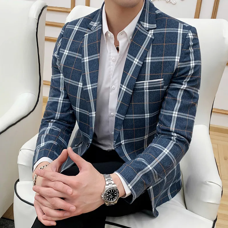 Gestreepte Plaid Blazer Business Casual Heren Slanke Pakjas Bruiloft Banket Suit Jacket Heren Single-knop