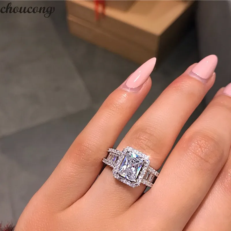 Choucong Hot Sale Stunning Luxury Smycken Real 925 Sterling Silver Princess Cut Vit Topaz CZ Diamant Eternity Wedding Band Ring för kvinnor