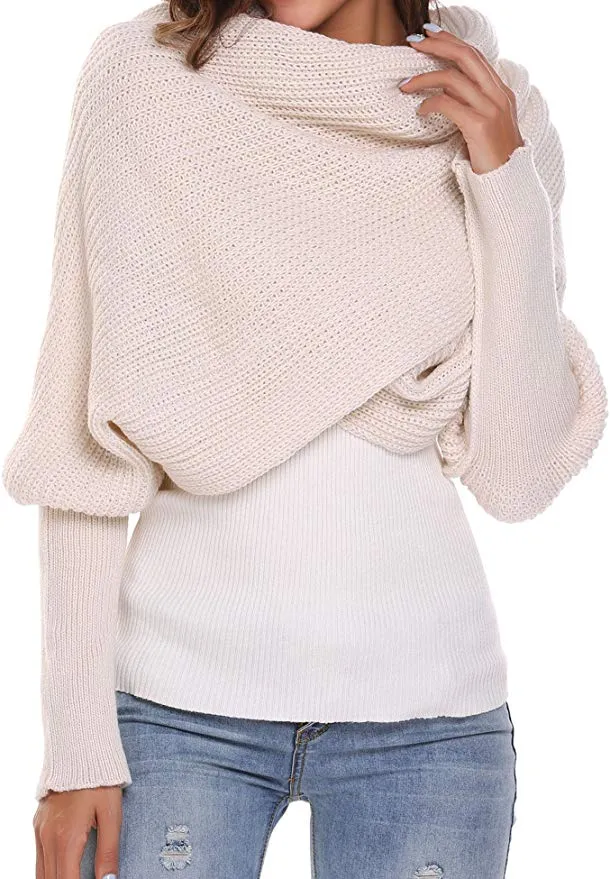 2019 moda mulheres crochet malha cobertor longo envoltório xaile inverno quente grande lenço lenços com mangas