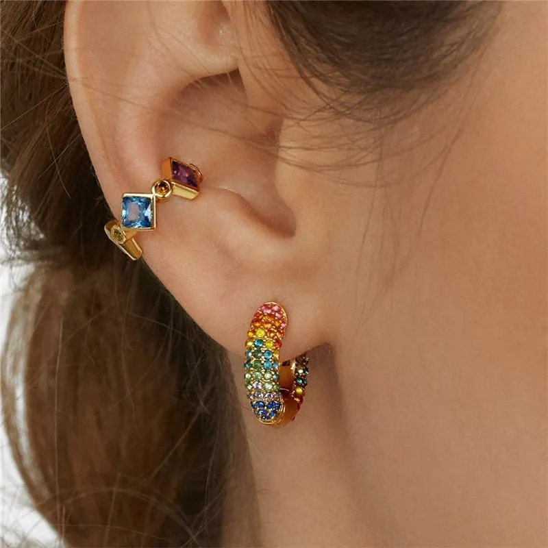 Summer Rainbow Colorful Pave Crystal Earrings Cooper Mini Hoop Earring for Women High Quality Party Classic Jewelry