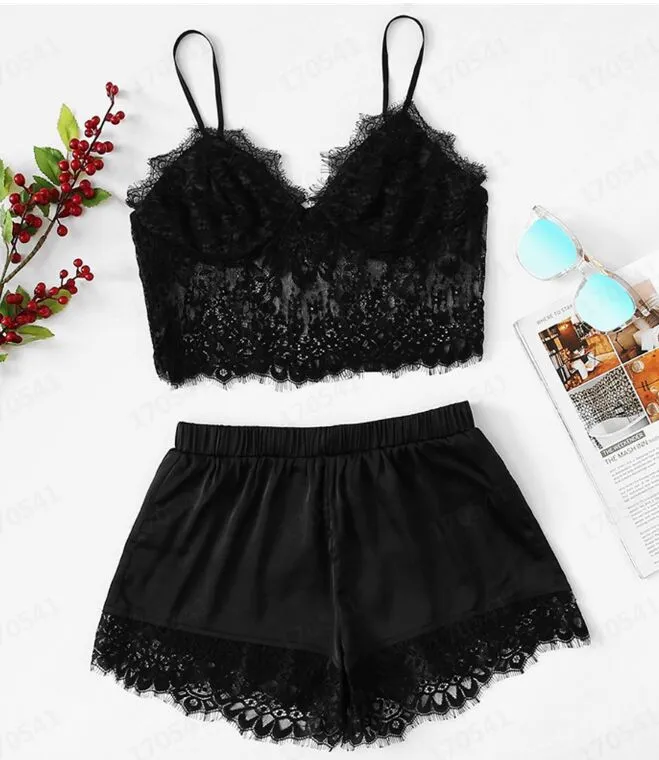 V Neck Solid Sleepwear Summer Women Pajamas Silk Pijamas Sleepwear Lace Short Pants Lingerie Hollowed Underwear Maternity Cloth GGA3489-1