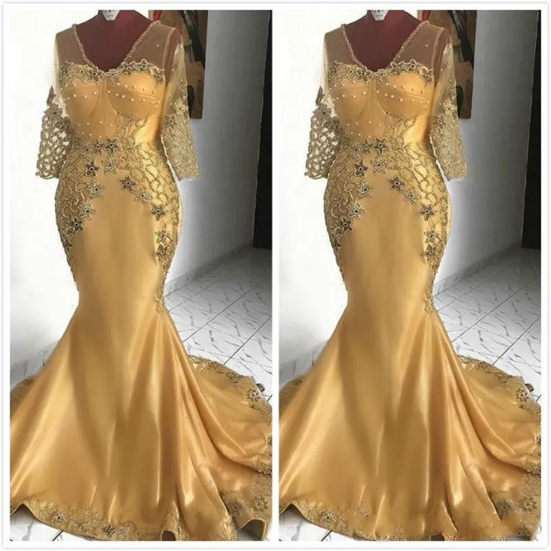 2020 Gold Sexy Meerjungfrau Afrikanische Brautmutterkleid mit V-Ausschnitt Spitze wulstige Mutter des Bräutigams Kleider formale Partei-Abendkleider