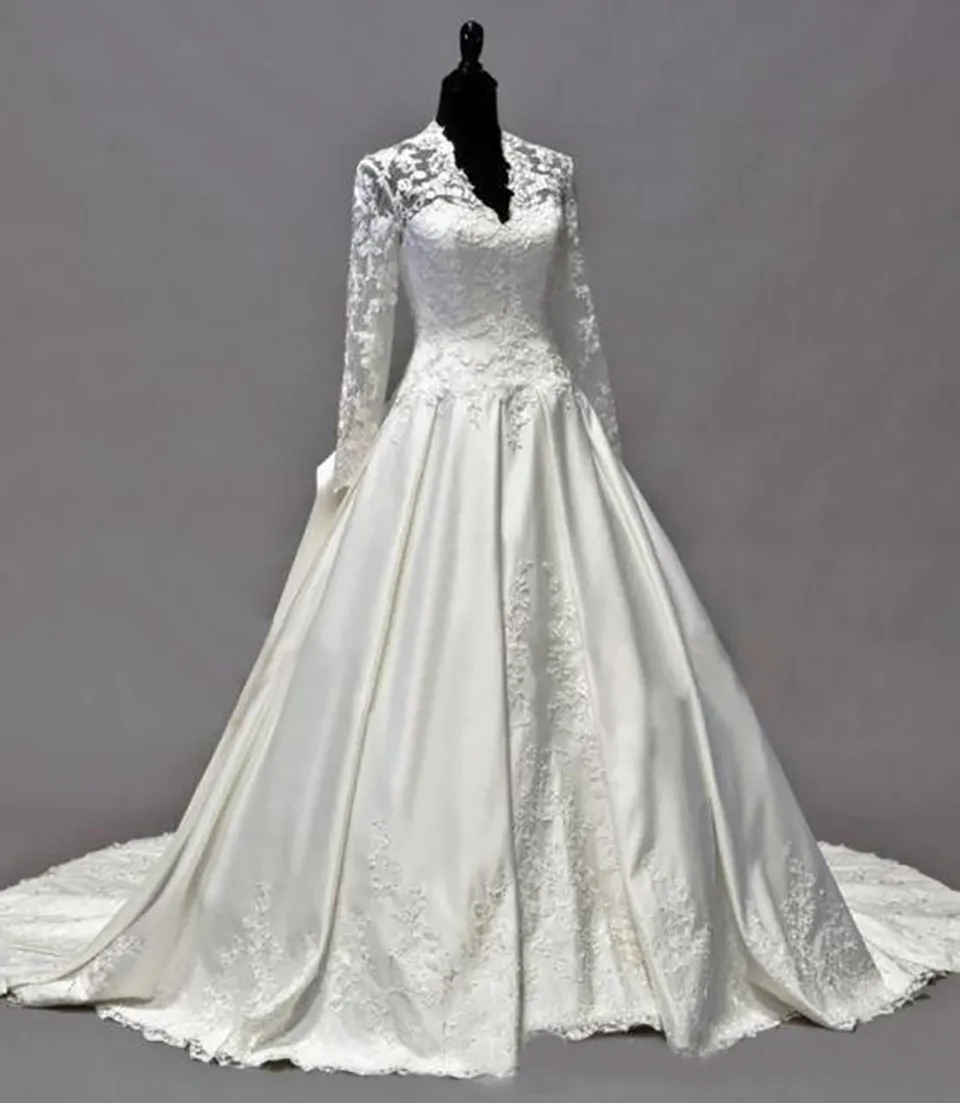 white christmas dresses Kate Middleton Timeless V-Neck Lace Long Train Royal Wedding Dress