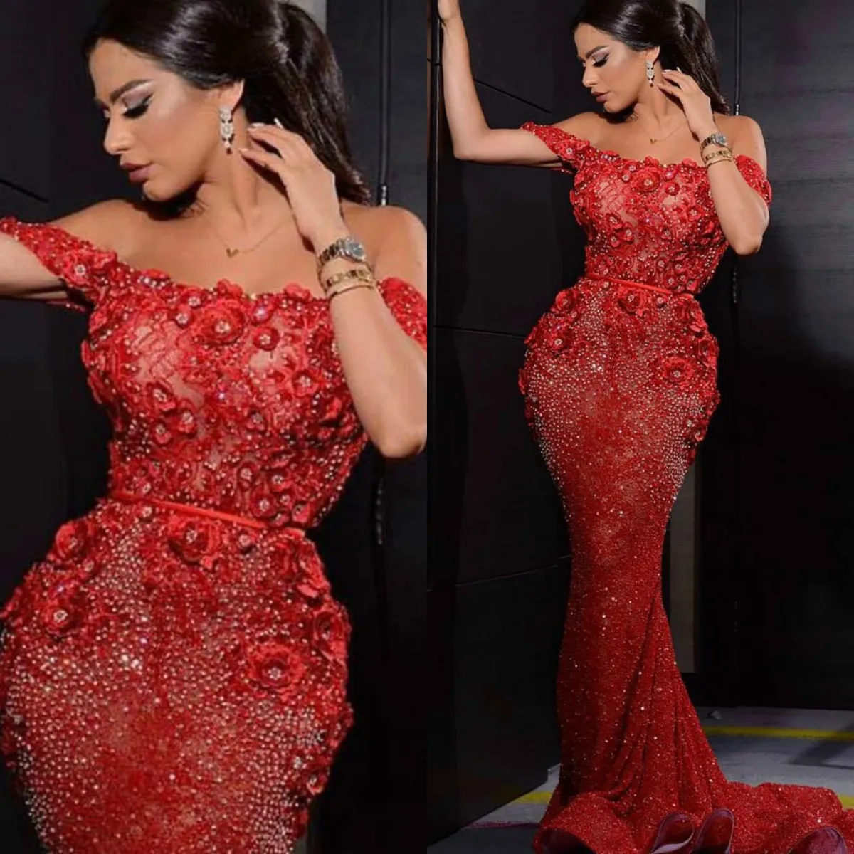Arabiska röda sjöjungfrun klänningar från axelns spets 3d blommiga applikation pärlor formell fest klänning skräddarsydda sopa tåg kväll bär