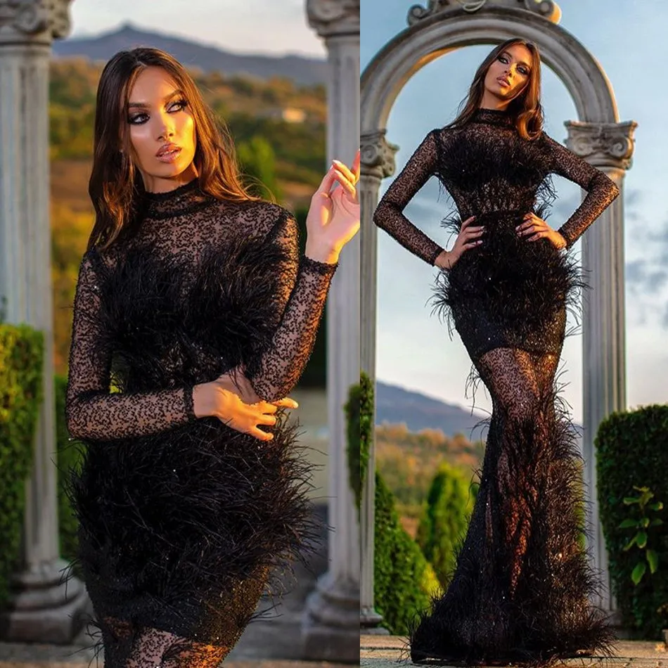 Preto Feather Robe De Soiree Vestidos Lace Beads alta Neck Mermaid Prom Dress Illusion manga comprida formal do partido Vestidos