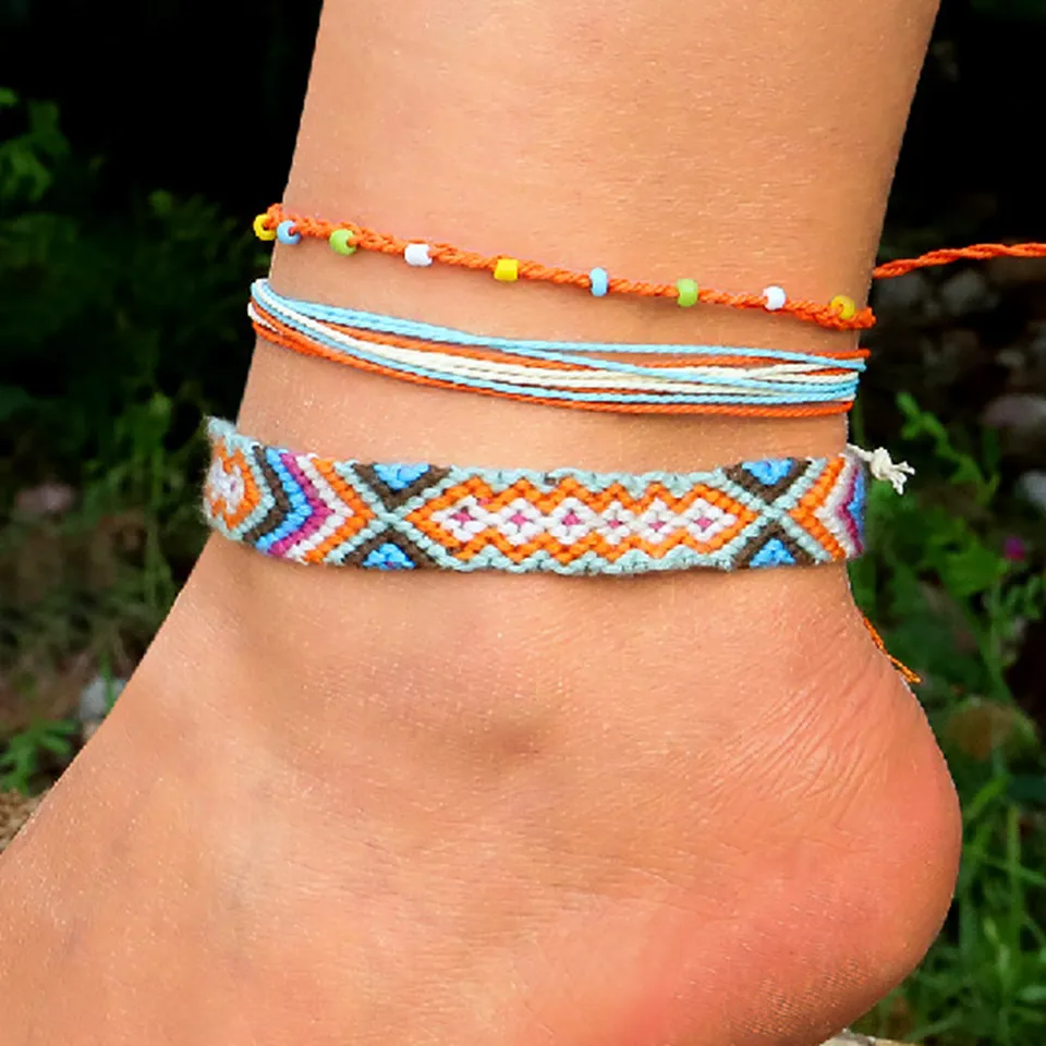 12 conjuntos de cordas Braid VSCO pé tornozeleira tornozelo Barefoot pulseira da amizade Tornozeleiras para Mulheres Meninas Bohemian Praia Boho Leg Jóias Atacado