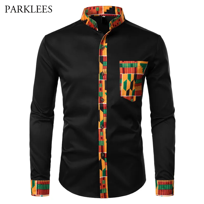 Tradicional Dashiki Impressão Camisa Casual Casual Slim Fit Preto Manga Longa Suporte Collar Mens Bolso Camisa Africano Camisa Masculina