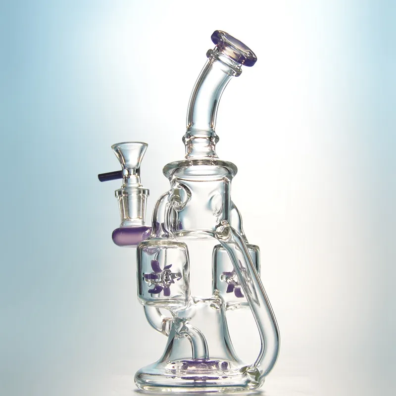 Pervane Perc Cam Benzersiz Bongs Çift Geri Dönüşümler Dab Rig 9 Inç Mor Balmumu Yağ Rigleri Yağmurlama Perc Pürüzsüz Su Boruları Bowl XL167