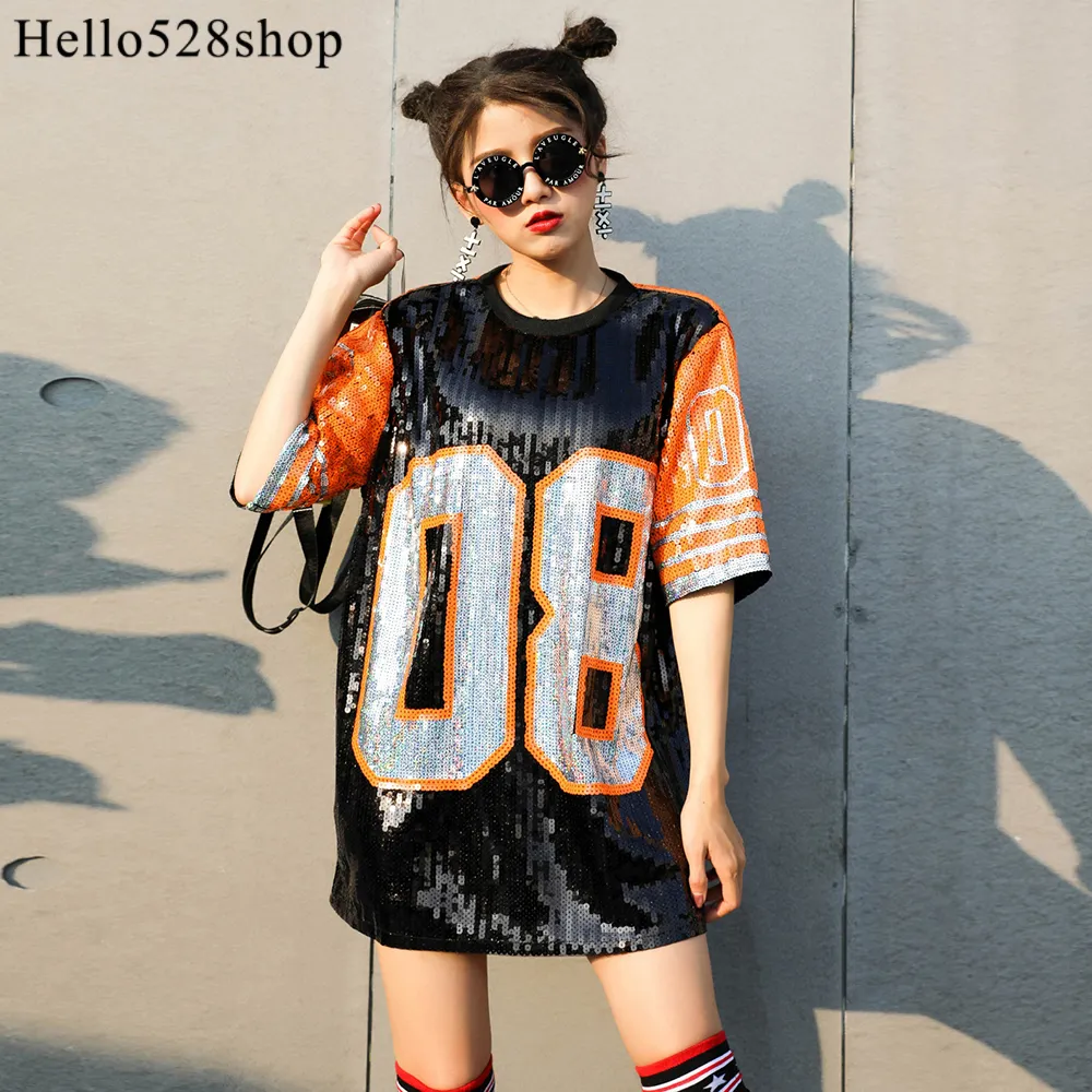 Hello528shop Womens 08 Camisas Soltas Lantejoulas T-shirt Traje Desempenho Roupas Roupas de Manga Curta Senhoras Tops Verão