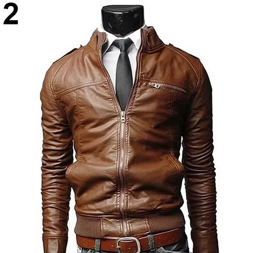 Mode-ventes chaudes hiver mode élégant marque hommes en cuir veste collier Stand mince moto Faux cuir mâle manteau Outwear veste