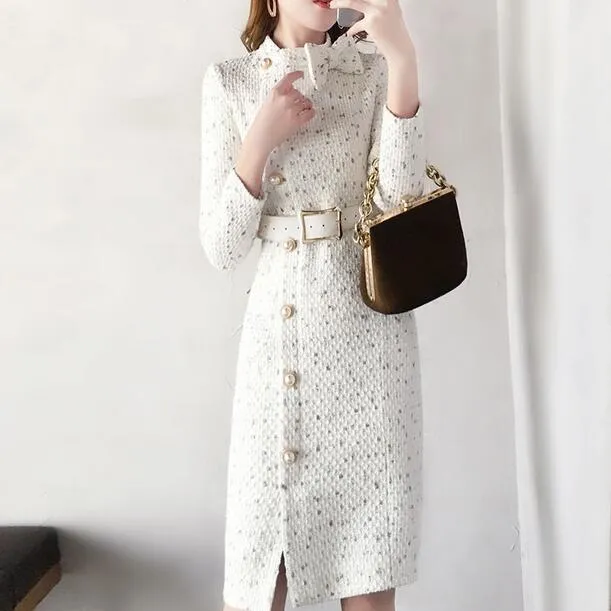 New arrival winter Runway women elegant tweed dress Bow collar Long sleeve female chic dresses vestidos DC867