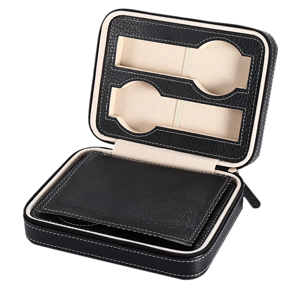 Black Zippered Watches Box Caixa de viagem - Coleção de organizador de relógio - PU Couro