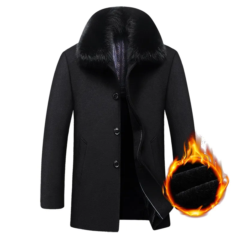 Long Coat Winter Woolen Men fleece tjock löstagbar stor päls krage ullrock hösten vindbrytare casual jacka herrkläder