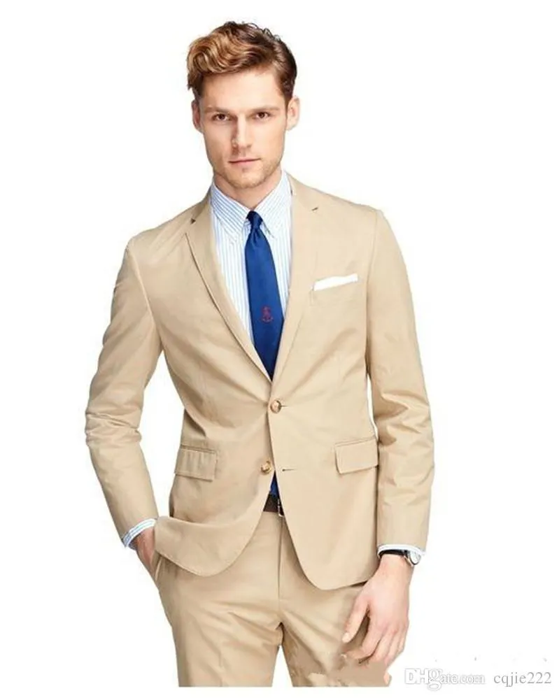 Ny ankomst brudgum tuxedos två knapp beige notch lapel groomsmen bästa man kostym mens bröllopsdrag (jacka + byxor + slips) 441