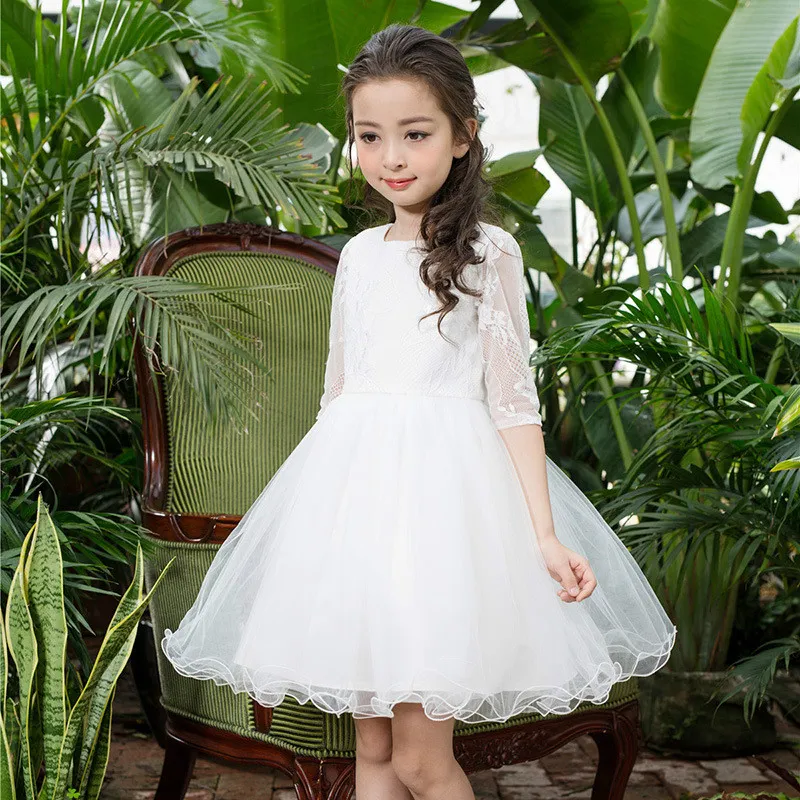 Neue Blumenmädchenkleider Weiß Erstkommunion Kleid Lange Ärmel Kinder Hochzeit Kleid Kinder Prinzessin Abschlusskleid