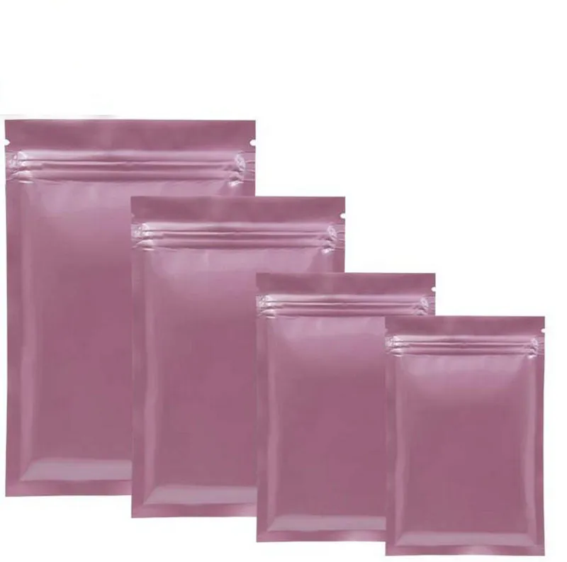 12x18cm Zipper Top Flat Storage Bag Värmeförsegling Metallic Mylar Glänsande Rosa Zip Lock Väskor Med Tear Notch För Mask Candy Gift