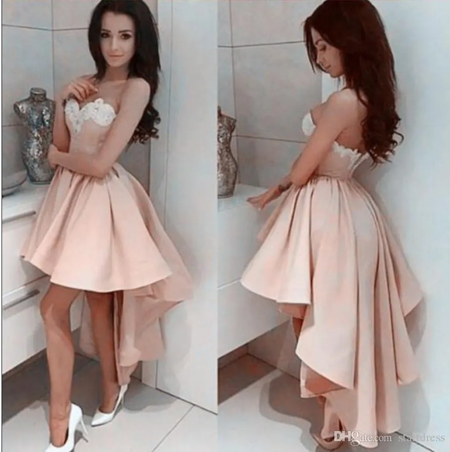 Roze hoge low prom dress sexy sweetheart applique satijnen avondjurken goedkope korte prom jurk elegante formele feestjurken