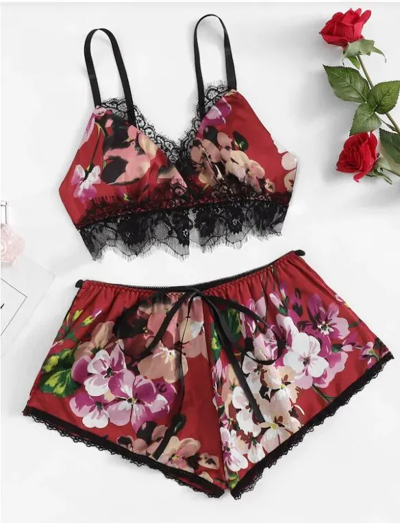 Moda 2019 verano mujeres Sexy encaje Trim estampado Floral satén ropa interior conjunto inalámbrico íntimos mujer sujetador Boho Lencería