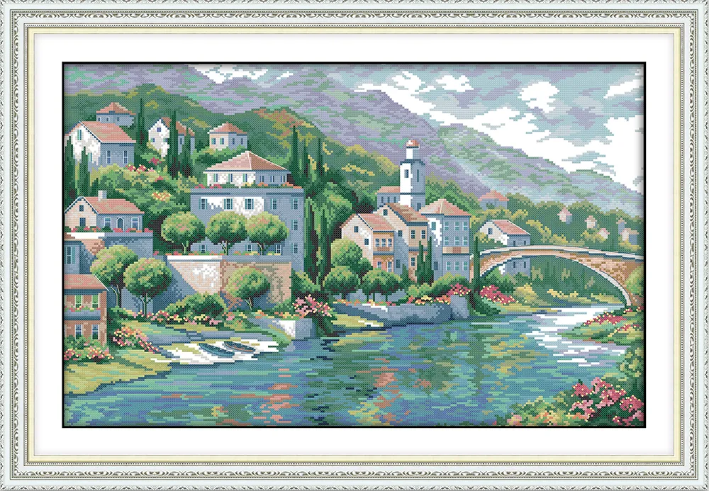 Pintura decorativa para el hogar de River town, juegos de costura bordados a mano de punto de cruz con impresión en lienzo DMC 14CT/11CT