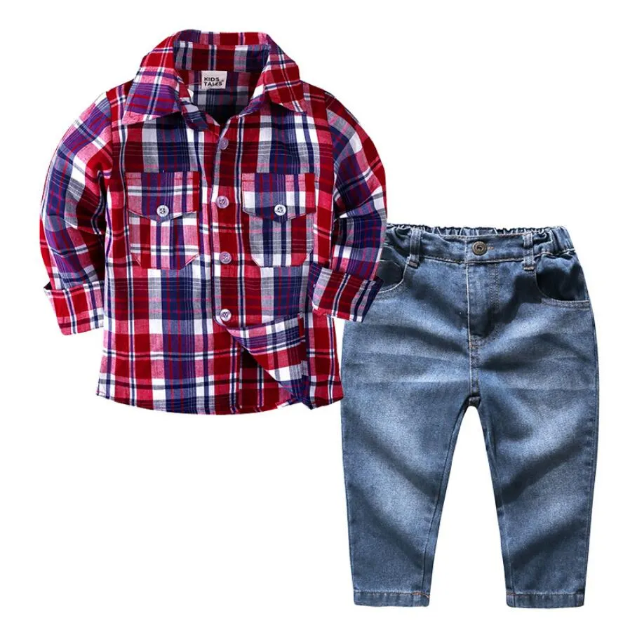 Baby Boy Passar 12 18 24 månader Långärmad plädskjorta Toppar Jeans Pant Style för barnens pojkar