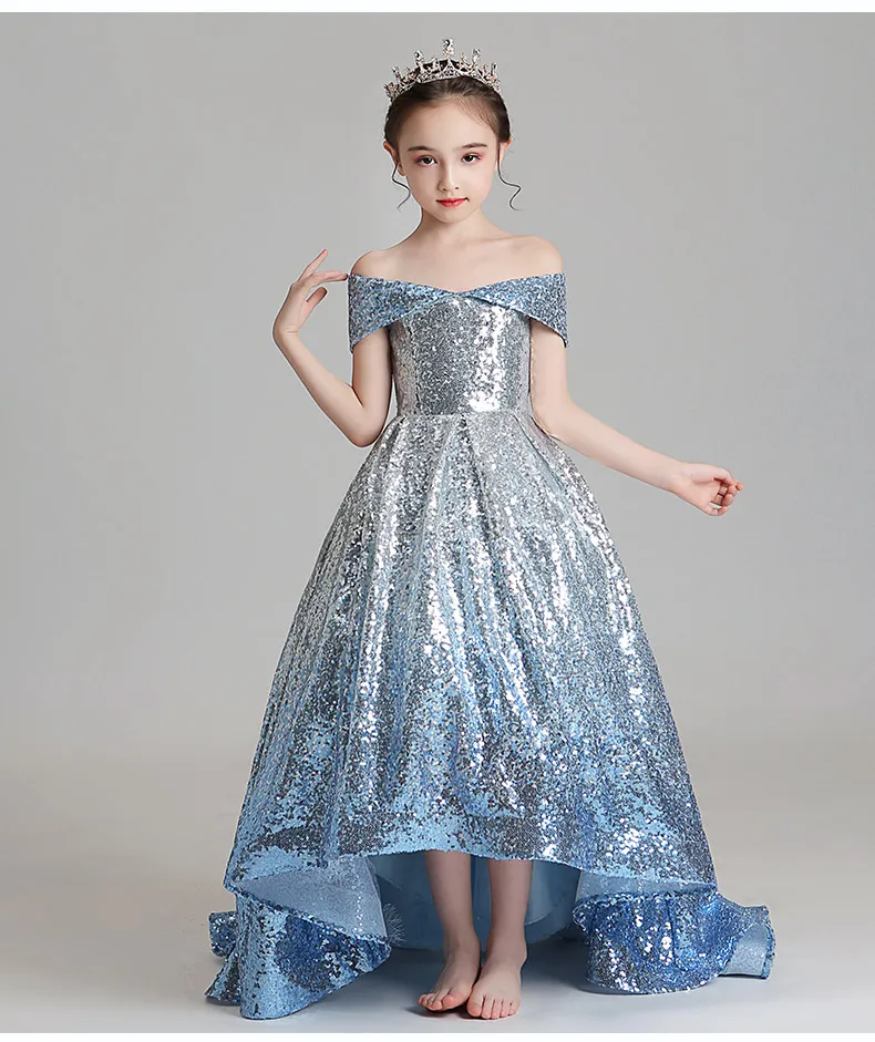 blue and silver sparkly dress Side Slit V-Neck Spaghetti Straps Long Prom Dress