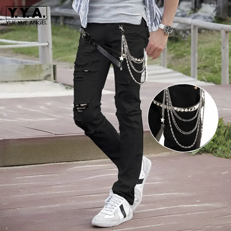 Street Hole Ripped Jeans Men Fashion 2020 Chains Slim Denim Pencil Pants  Personality Rivets Punk Black White Zipper Trousers From Beatricl, $69.83