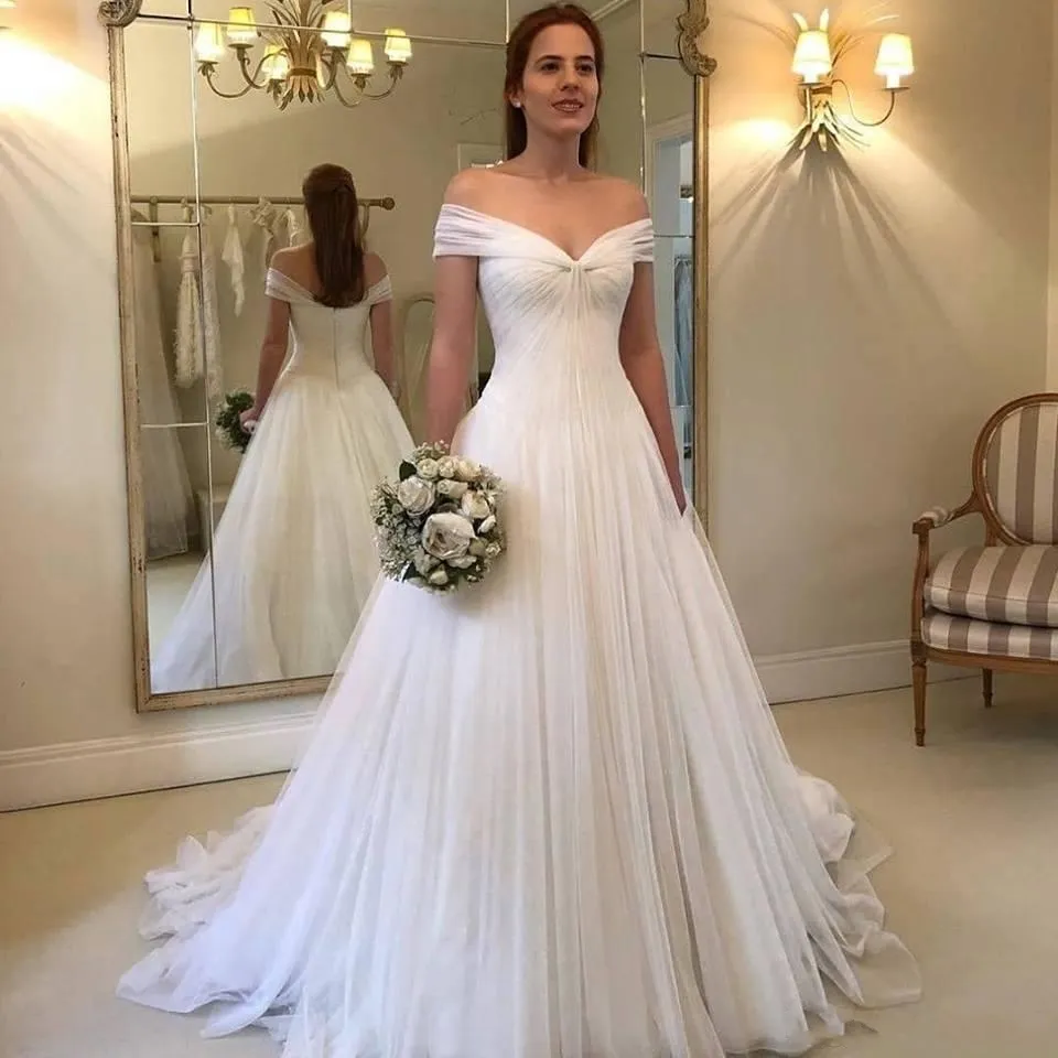 Customizable Plus Size Boho A Line Wedding Dress with Off-Shoulder Pleats and Chiffon Fabric for Summer Beach and Garden Weddings Customizable Plus Size Boho A Line Wedding Dress with Off-Shoulder Pleats and Chiffon Fabric for Summer Beach and Garden Weddings