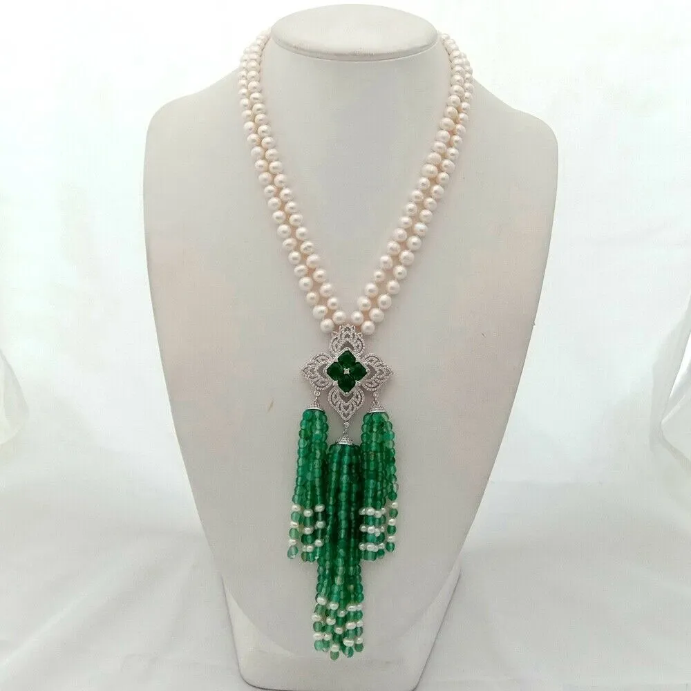 Mão Knotted 2Strands Branco Pérola de água doce Colar Micro Inlay Zircon Acessórios Jade Tassel Pingente Camisola Colar Longo 50-53cm