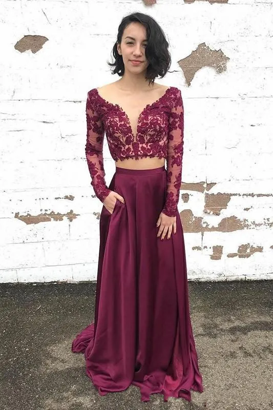 fitted lace wedding dress Black Two Piece Prom Dress,Lace Satin Prom Dress,Vogue Prom Dress with Long Sleeves PD00032, US2 / Royal Blue main image 0