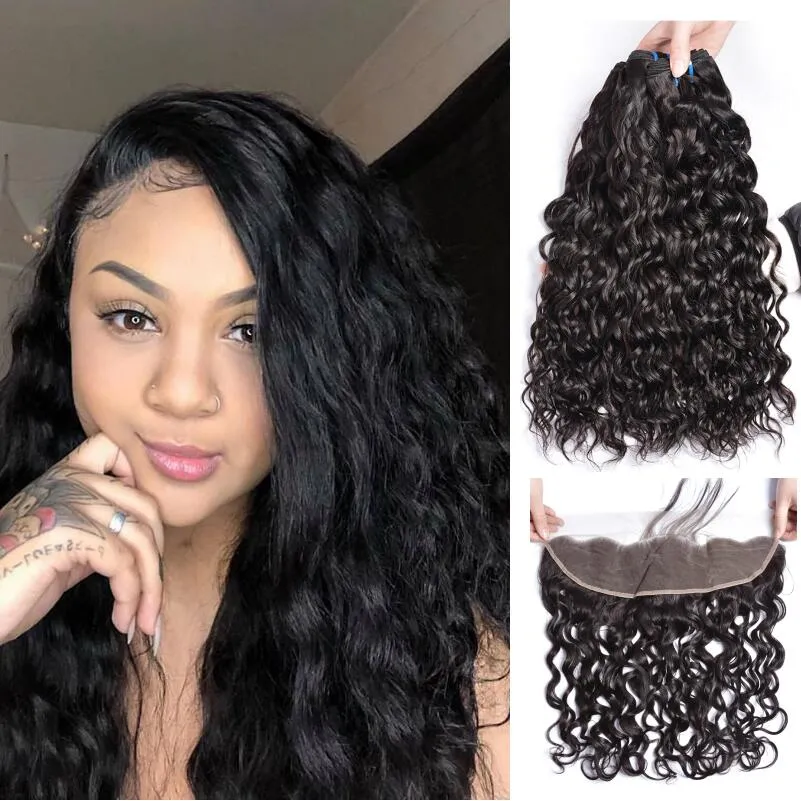 Peruvian Water Wave Wet and Wavy Human Hair Bundles With 13X4 Ear To Ear Lace Frontal Straight Human Hair Extensions