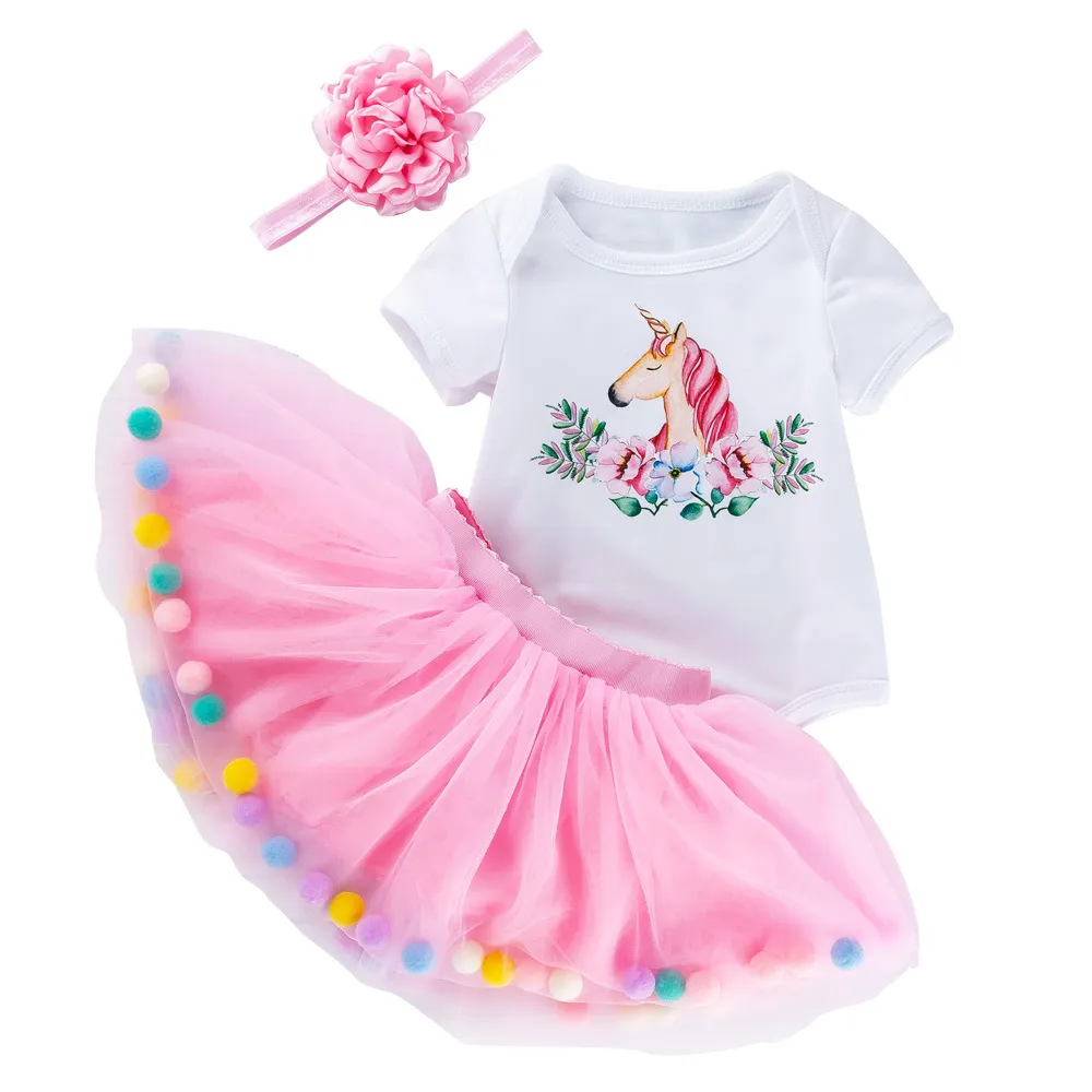 ins Baby Girl Unicorn Print Princess Tutu Faldas 0-24 meses Vestido de mameluco de diseño para bebés recién nacidos Mamelucos de algodón + falda de tutú + Diadema = 3PCS / Set
