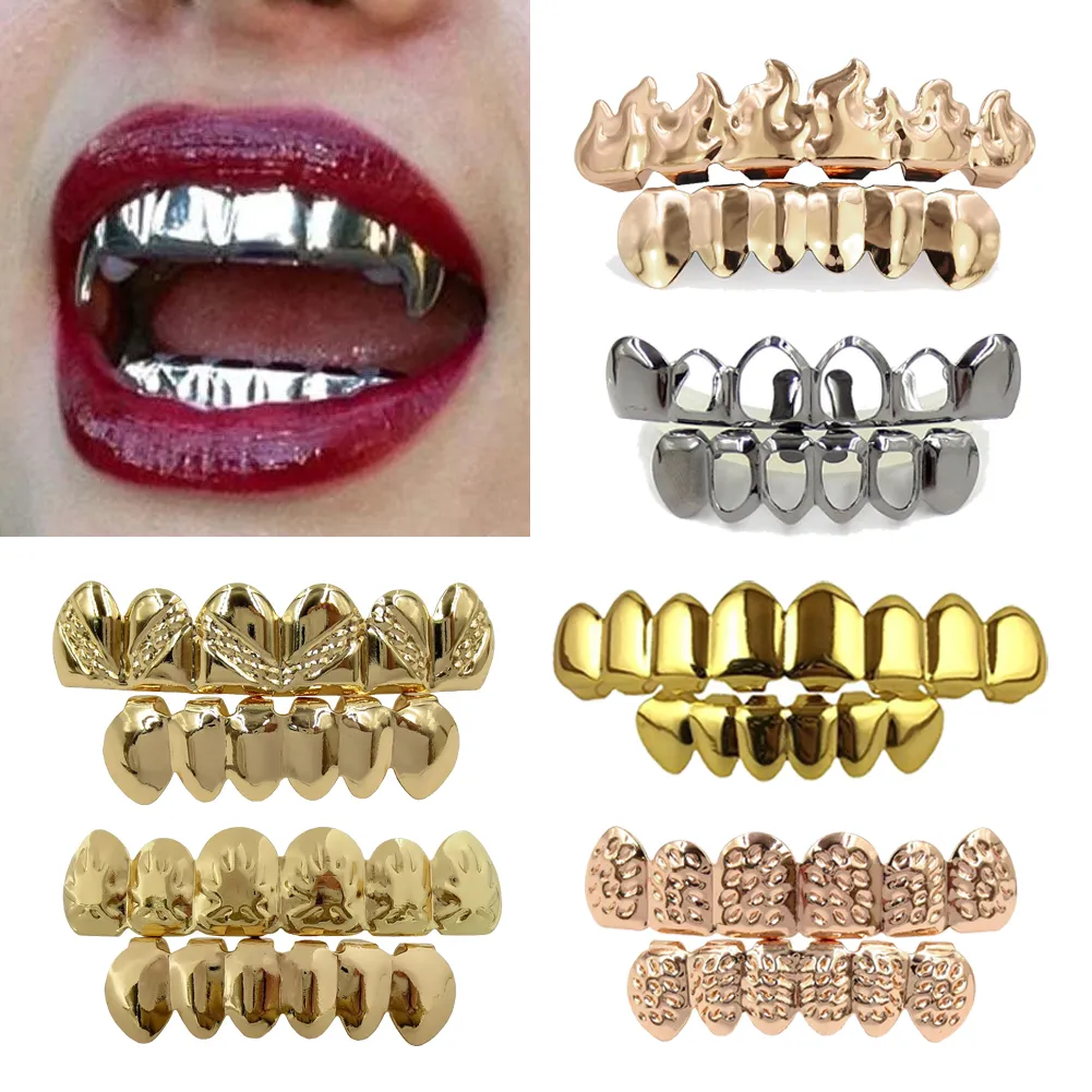 18K real ouro Suspensórios Punk Dentes Hip Hop Grillz Dental Mouth fang Grills Up fundo do dente Cap Cosplay Partido Rapper Jóias Presentes Atacado