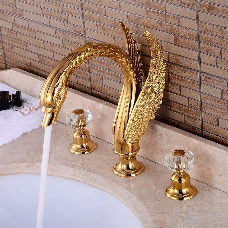Robinet salle bain lavabo Or/ORBE Robinet de Lavabo en forme de cygne,  robinet de mélangeur à eau froide à deux poignées, robinet d'eau en or  monte à