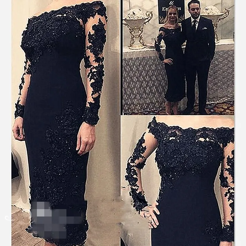 2021 Svart Applique Beaded Lace Moder av bruden för bröllopsbåt Neck Illusion Långärmad Party Dress för Groom Dress Mantel