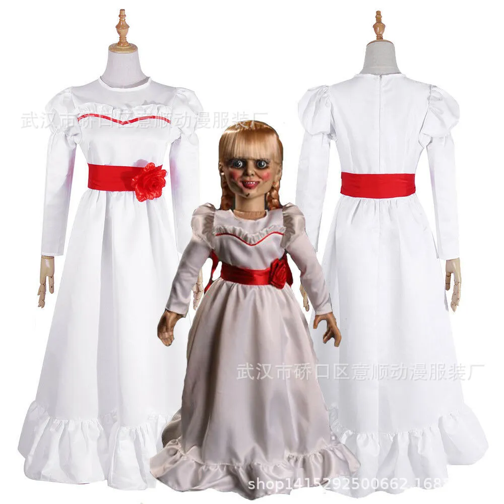 女性子供子供のハロウィーンコスチュームCombingdoll Annabelle White Dressホラー怖い女性ウェアコスプレの派手なドレスTrajes de Mascote