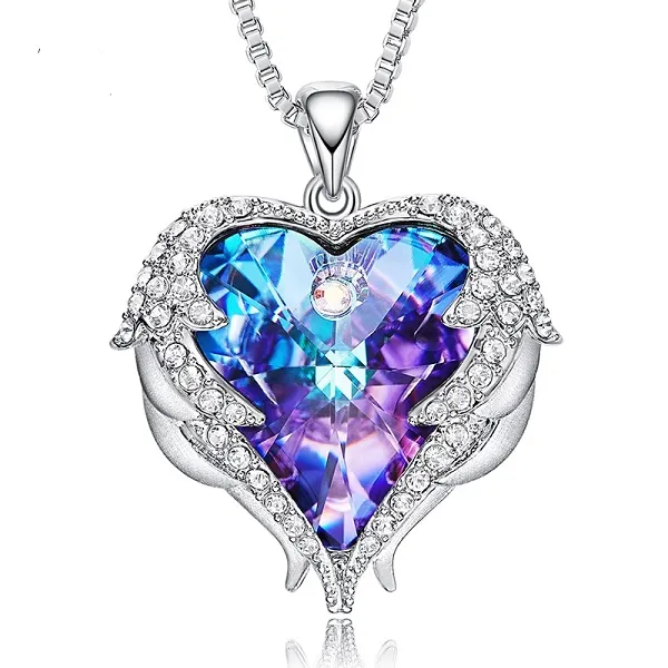 Hurtownie Miłość Naszyjnik Dla Kobiet Angel Wings Niebieski Naszyjnik Serca Miedzi Mothers Day Gift Fine Jewelry Posrebrzane