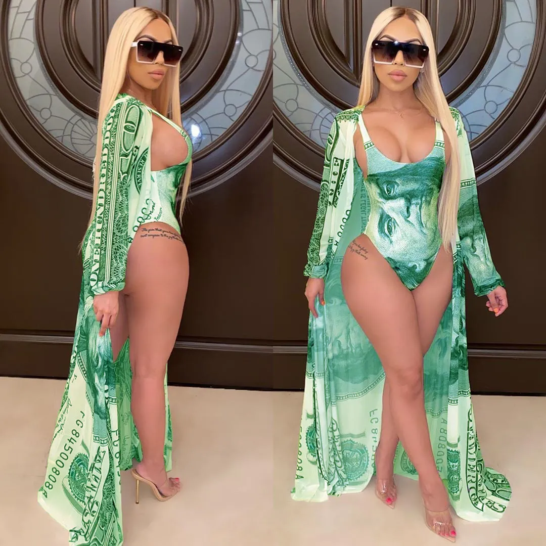 Summer Fashion Womens PinePear Two Piece Outfit With Money Print, Full  Sleeve Long Coat, And Green Corset Bodysuit Wholesale Beach Set T200623  From Luo03, $24.26